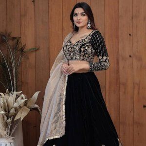 Black Color Embroidery Work Velvet Lehenga Choli Set